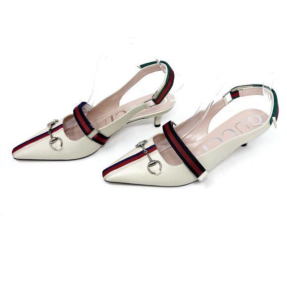 Gucci Malaga Kid Cream Web Stripe Horsebit Low Kitten Heel Slingback Pumps EU 38 - Picture 3 of 11